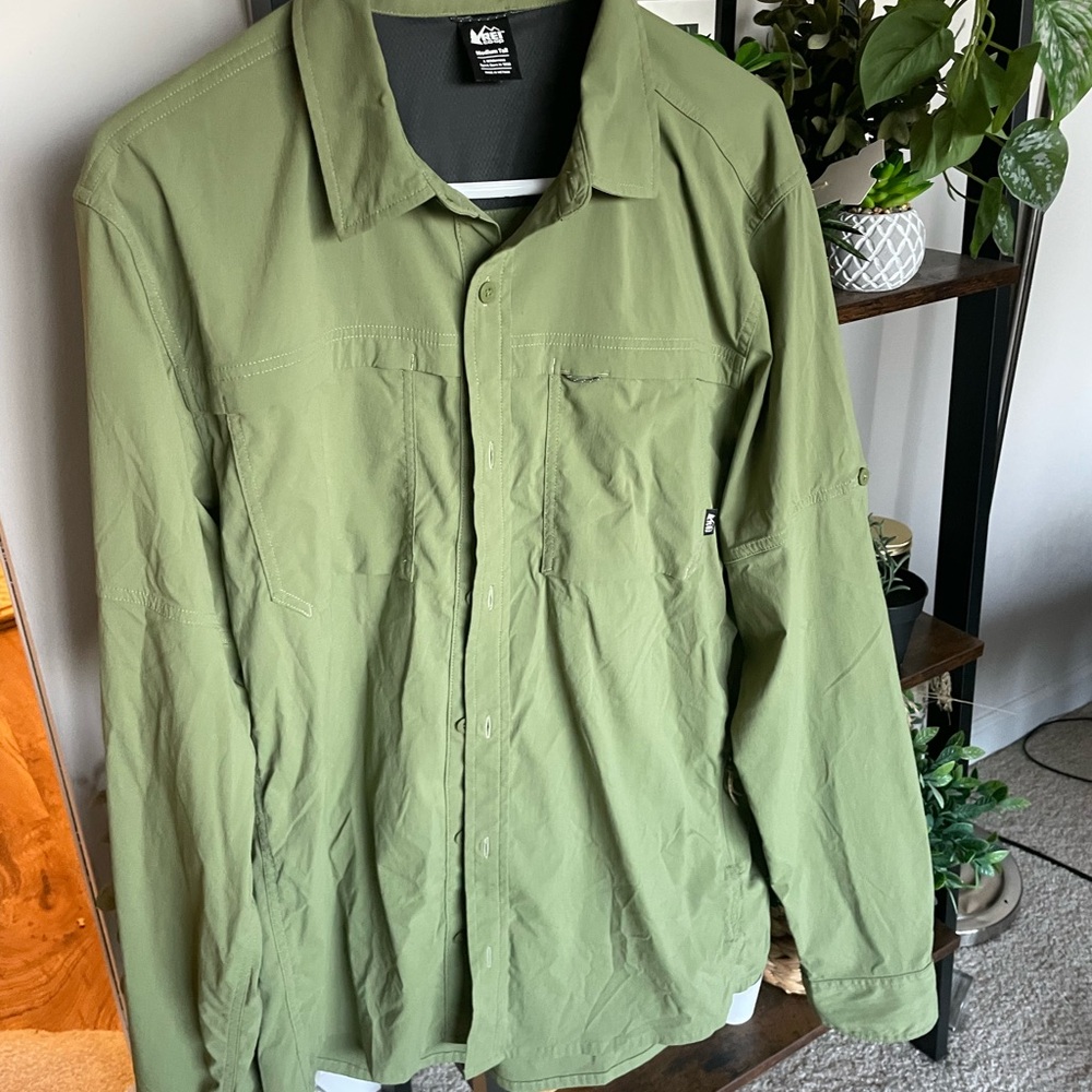 REI Olive Green Lightweight Button-Up Shirt Jacket